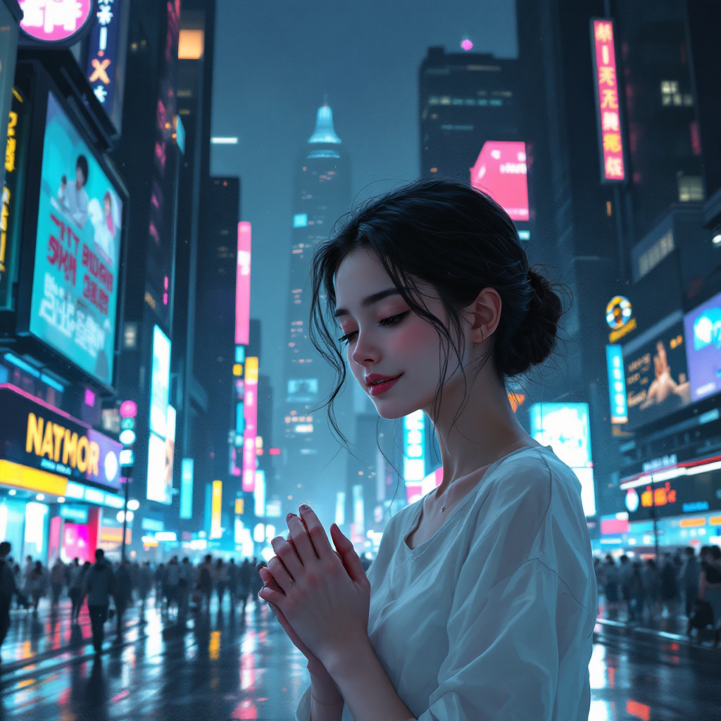 A young woman stands in the midst of a vibrant city at night, illuminated by colorful neon lights, her hands clasped as she reflects on the unpredictability of love.