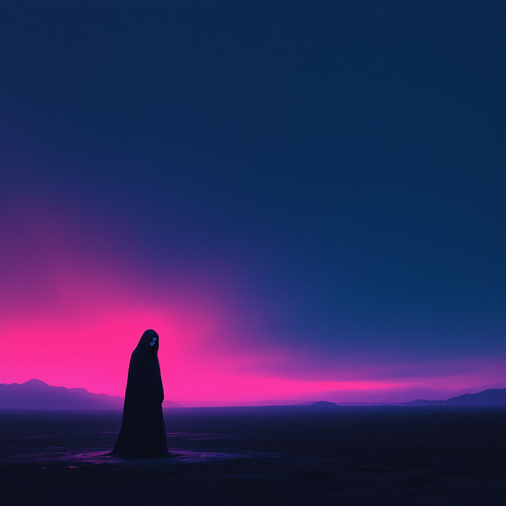 A dark figure stands alone on a vast, desolate landscape, silhouetted against a striking gradient of deep blues and vibrant purples, embodying the sentiment that life ultimately comes to an end.