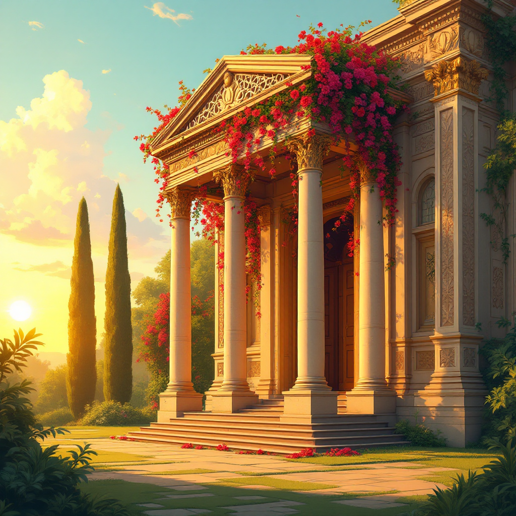 A grand, classical building adorned with vibrant flowers and surrounded by tall trees, basking in the warm glow of a sunset, evoking the essence of Stat fortuna domus.