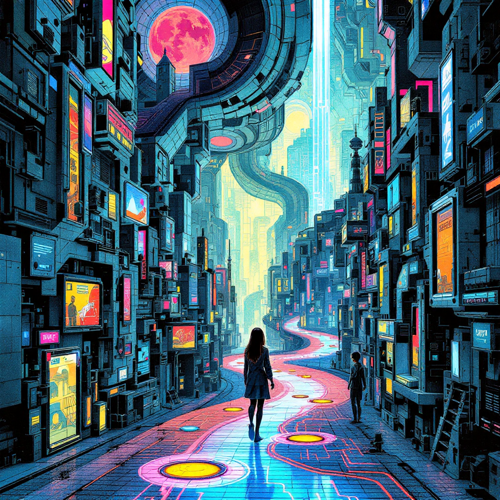 A vibrant, futuristic cityscape filled with twisting paths and colorful buildings, embodying the quote about the non-linear journey of the future. Two figures walk along a glowing road.