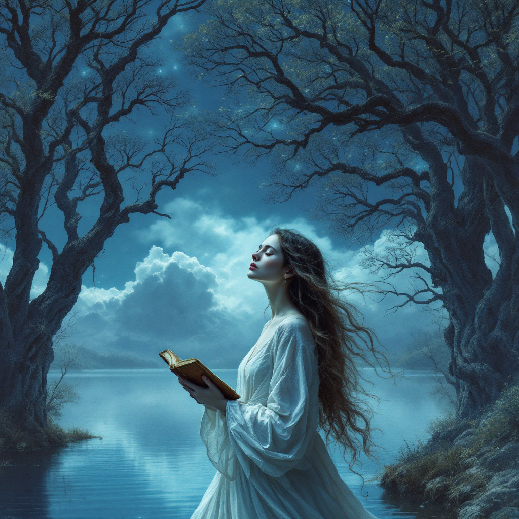 A woman in a flowing white dress stands by a serene lake at twilight, holding an open book. Twisted trees frame the ethereal scene, evoking the theme of stories and self-belief.