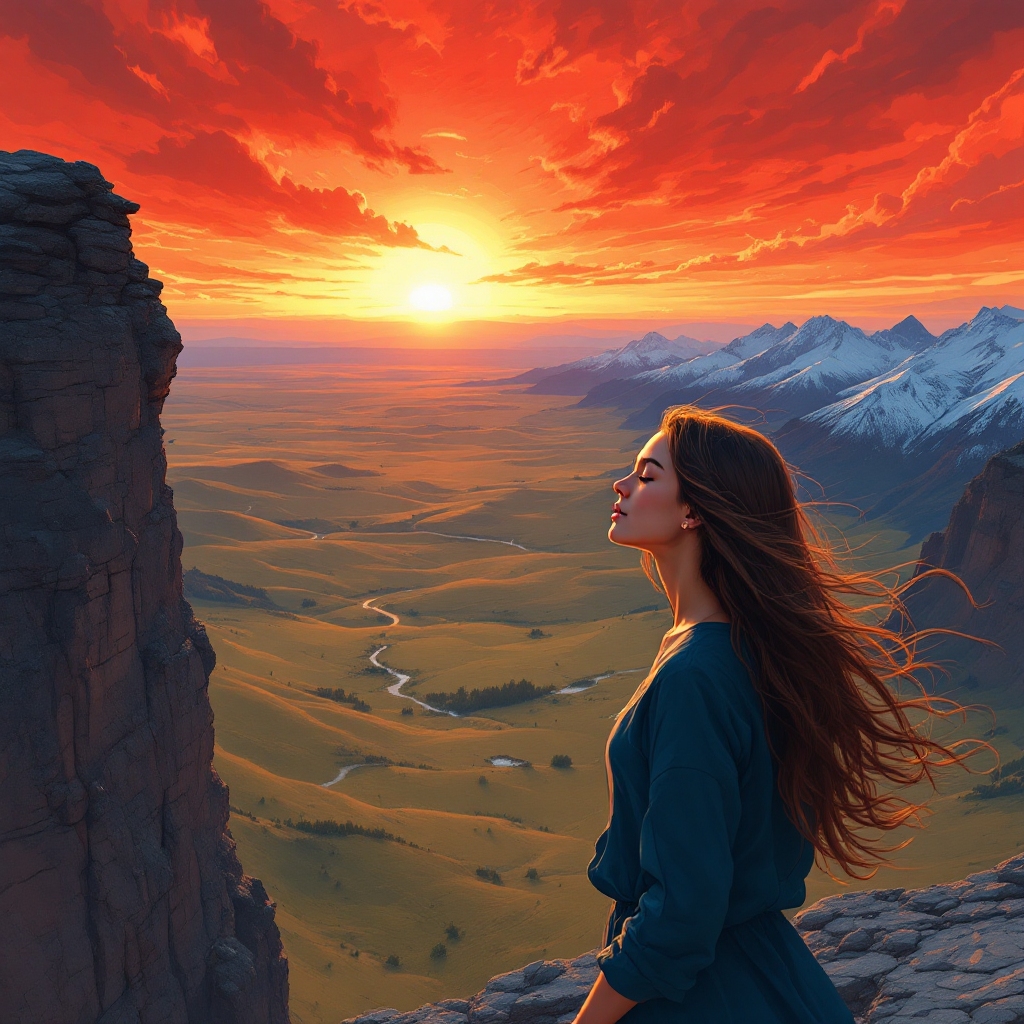 A woman stands on a rocky ledge, gazing at a stunning sunset over vast fields and distant mountains, embodying the quote about taking a leap of faith.