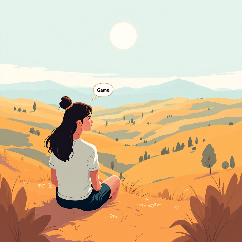 A young woman sits on a grassy hill, gazing out over rolling golden fields under a bright sun, pondering life as a game, with the word Game in a speech bubble.