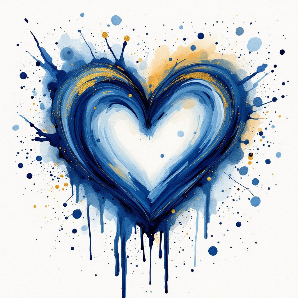 An artistic representation of a heart, surrounded by vibrant blue and gold splashes, symbolizing the chaotic yet beautiful nature of love.