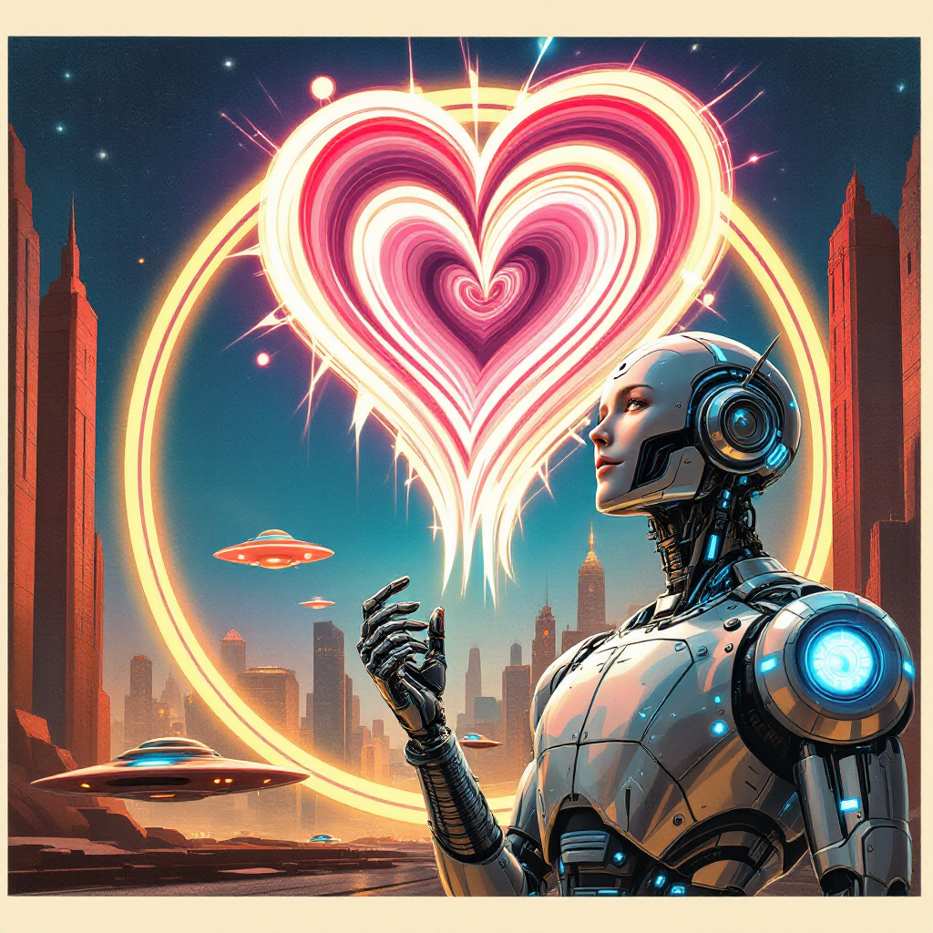 A futuristic robot gazes at a glowing heart formed by vibrant swirls, symbolizing the quote, You can’t choose who you love. The heart chooses for you, amidst a cosmic cityscape.