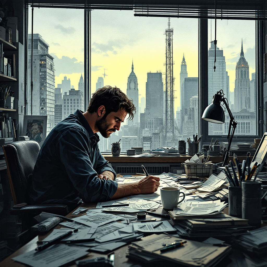 A contemplative man sits at a cluttered desk, writing amid a backdrop of a vibrant city skyline, embodying the concern of emotional vulnerability expressed in the quote.