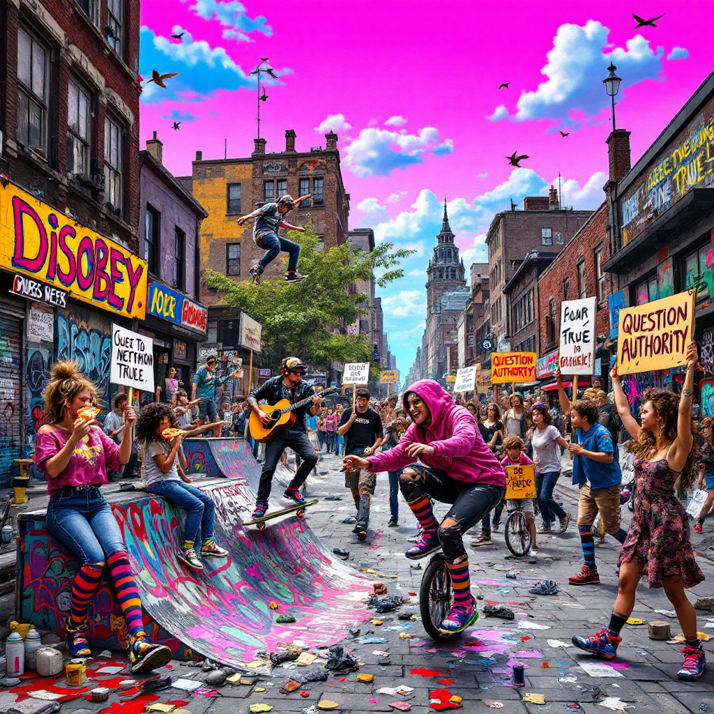 A vibrant street scene with people skateboarding, unicycling, and playing guitar, surrounded by colorful signs advocating for freedom and questioning authority, set against a pink sky.