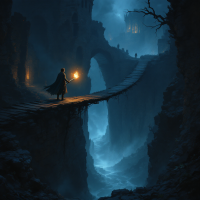 A figure stands on a narrow, rickety bridge amidst dark ruins, holding a torch, with misty chasms below, evoking the idea that small details can shift history profoundly.