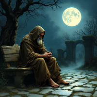 A hooded figure sits on a bench, lost in thought under a full moon, surrounded by a misty, eerie landscape, embodying the profound connection between philosophy and life's challenges.