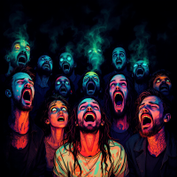 A group of diverse faces, expressing intense emotion with mouths wide open, surrounded by eerie, colorful wisps, reflecting the idea that we are all more or less mad.