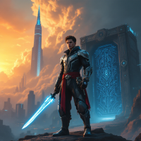 A heroic figure stands confidently with a glowing sword against a dramatic sunset, framed by a colossal gate and a towering spire, embodying the theme of choice and consequence.