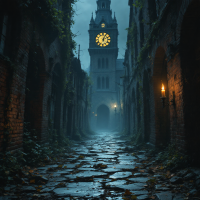 A dimly lit, eerie cobblestone alleyway framed by ancient brick walls, with a glowing clock tower in the distance and a flickering flame illuminating the shadows.