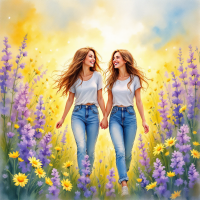 Two friends walk hand in hand through a vibrant field of flowers, embodying the beauty of friendship against a warm, glowing background, reflecting the quote about the importance of connections.