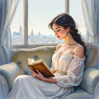 A young woman in a white dress sits on a plush chair, absorbed in a book, while sunlight streams through a large window, illuminating a distant cityscape.