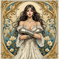 A confident woman in a flowing white dress adorned with intricate embroidery, wearing silver gauntlets, stands against a floral background, embodying strength and determination.