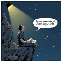 A man sits on a rocky ledge under a starry sky, illuminated by a lamp, thoughtfully reading a book that features the quote about life's questions and personal responsibility.