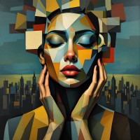 A colorful, abstract portrait of a woman with geometric shapes, her eyes closed and hands on her face, embodies resilience and hope amid a dark cityscape backdrop.