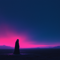 A dark figure stands alone on a vast, desolate landscape, silhouetted against a striking gradient of deep blues and vibrant purples, embodying the sentiment that life ultimately comes to an end.