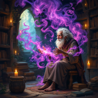 An elderly storyteller sits amidst a library filled with books, conjuring swirling purple wisps of magic, embodying the essence of weaving stories from the world's mysteries.