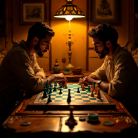 Two men face each other at a chessboard under a warm lamp, deep in concentration. The room exudes an atmosphere of strategy and competition, reflecting the quote on the game's essence.