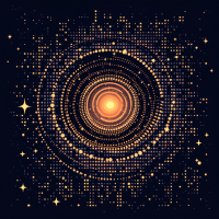 A swirling pattern of golden dots in a dark background radiates from a central light, symbolizing the intricate relationship between space, time, and logic.