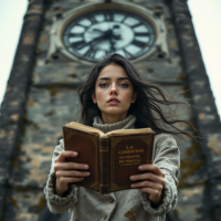 A woman stands in front of an old clock tower, holding an open book. Her intense gaze reflects the idea that the past shapes the future but does not determine it.