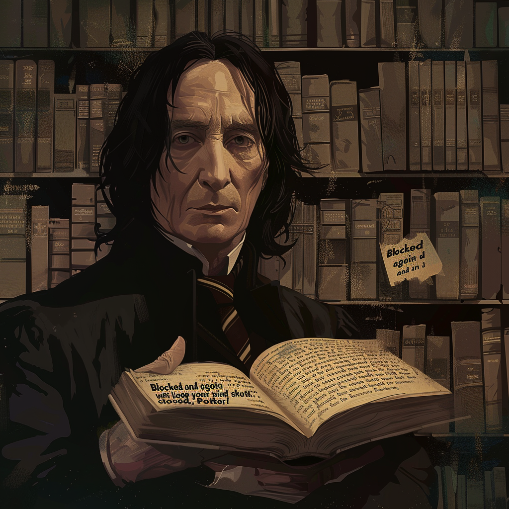 A stern man with long black hair in a dark room lined with bookshelves holds an open book, with the text “Blocked and again until you learn to keep your mouth shut and your mind closed, Potter!”