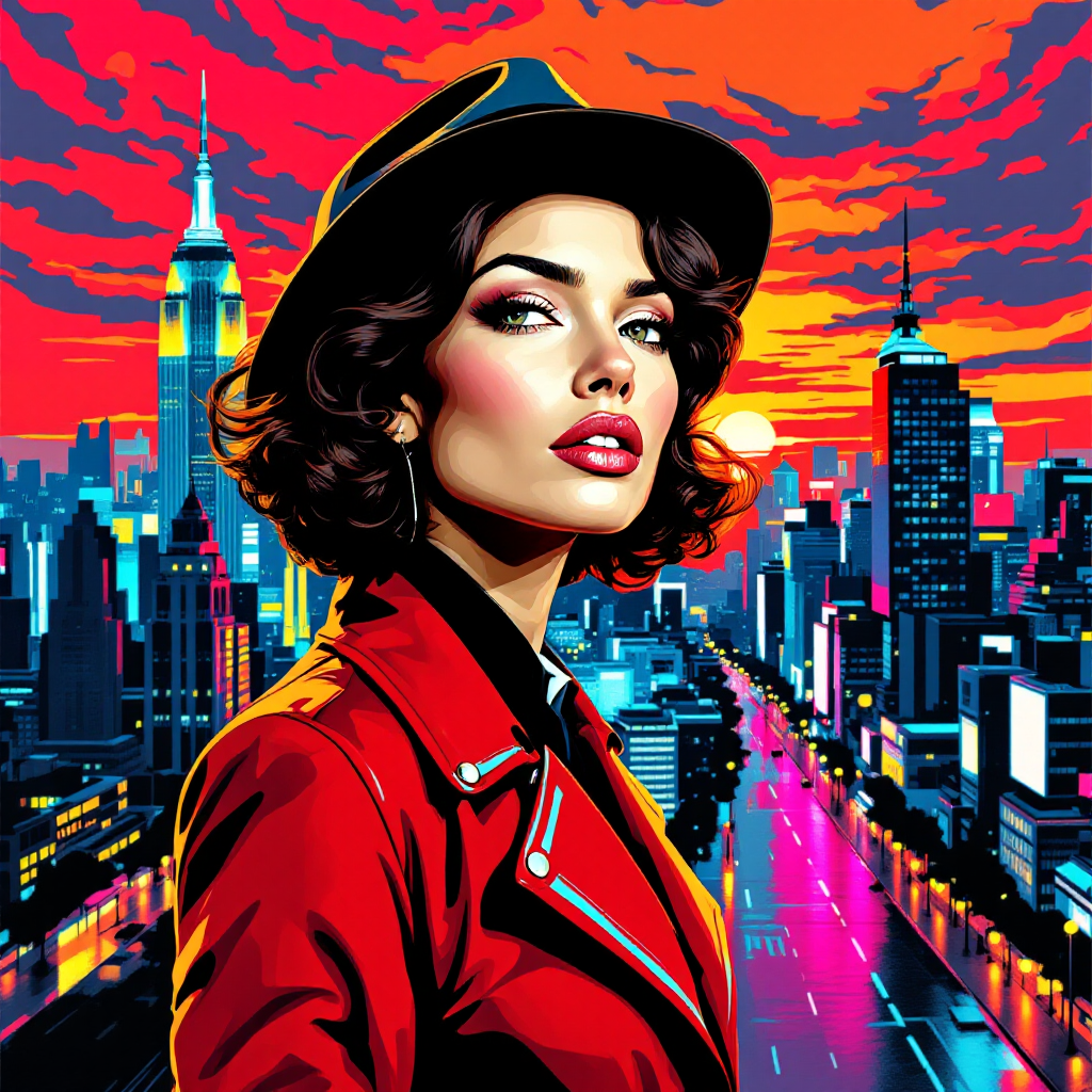 A confident woman in a striking red coat and hat gazes over a vibrant city skyline at sunset, embodying the quote: It's never too late to be what you might have been.