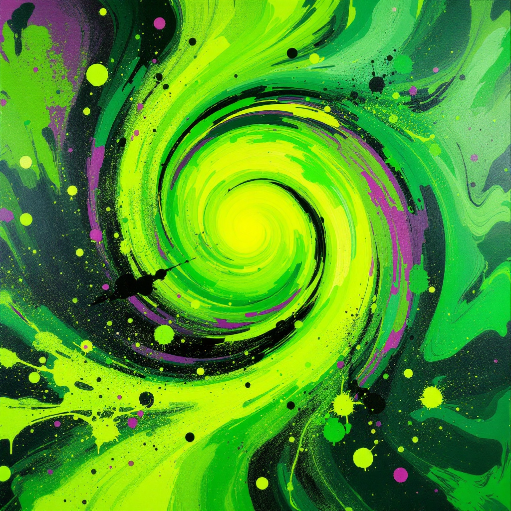 A vibrant, swirling design in green and black, with splashes of purple and yellow, evokes the idea of something intangible, illustrating the quote You can’t take a picture of this because it’s not a thing!