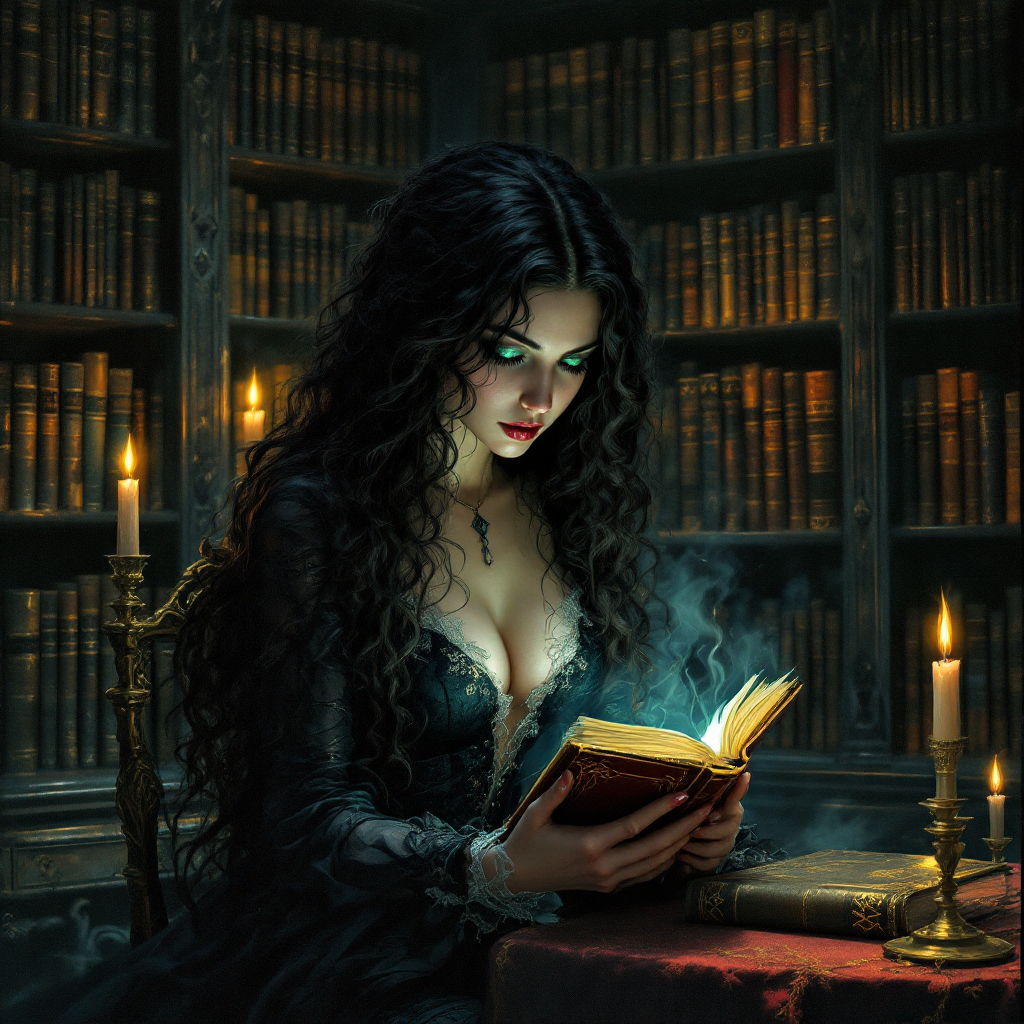 A dark-haired woman reads an ancient, glowing book in a candlelit library, embodying the quote, There are worse fates than death, even for a book, with a mystical and ominous air.