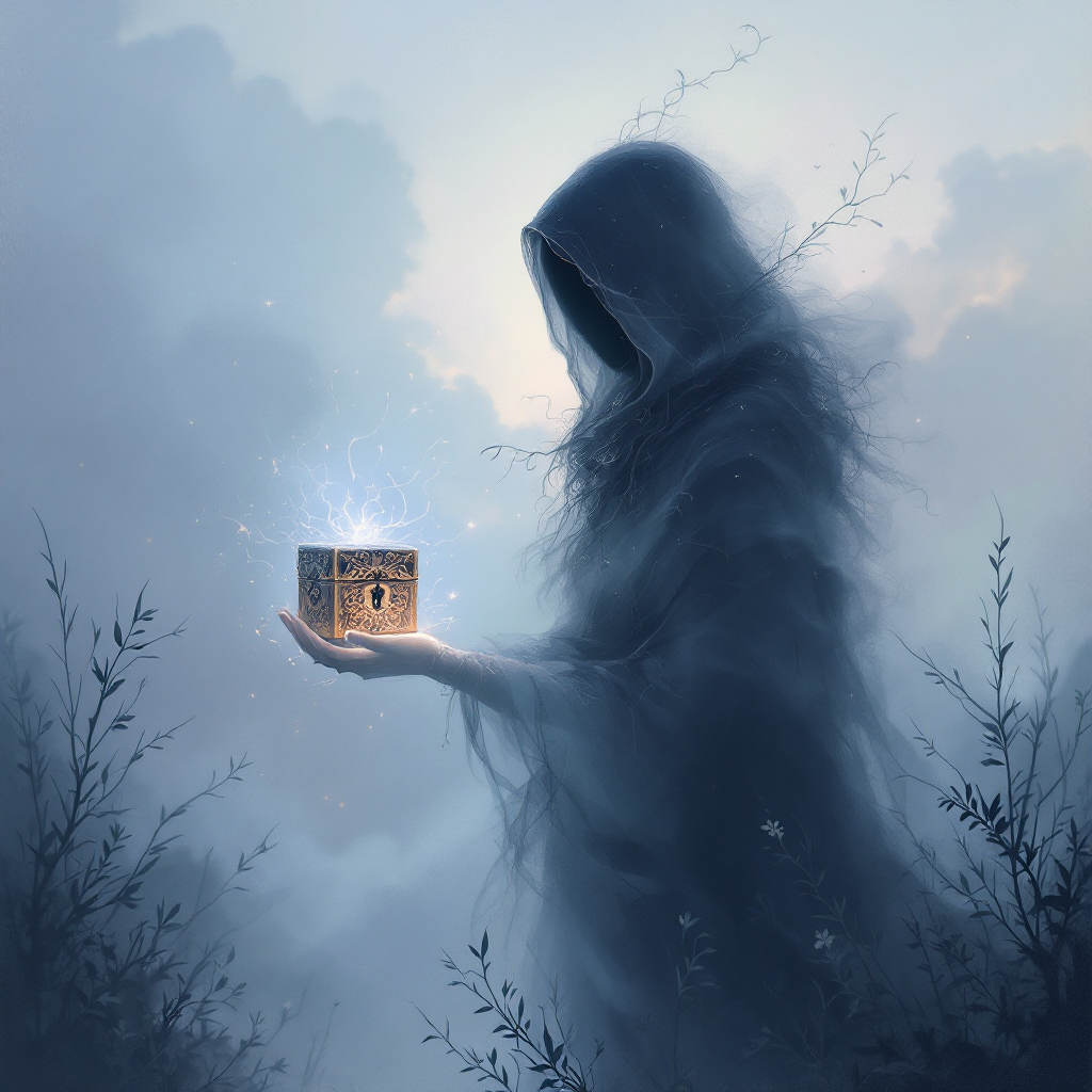 A mysterious figure cloaked in shadows holds an ornate box emitting a glow, evoking the quote, The only thing more dangerous than a question is an answer.