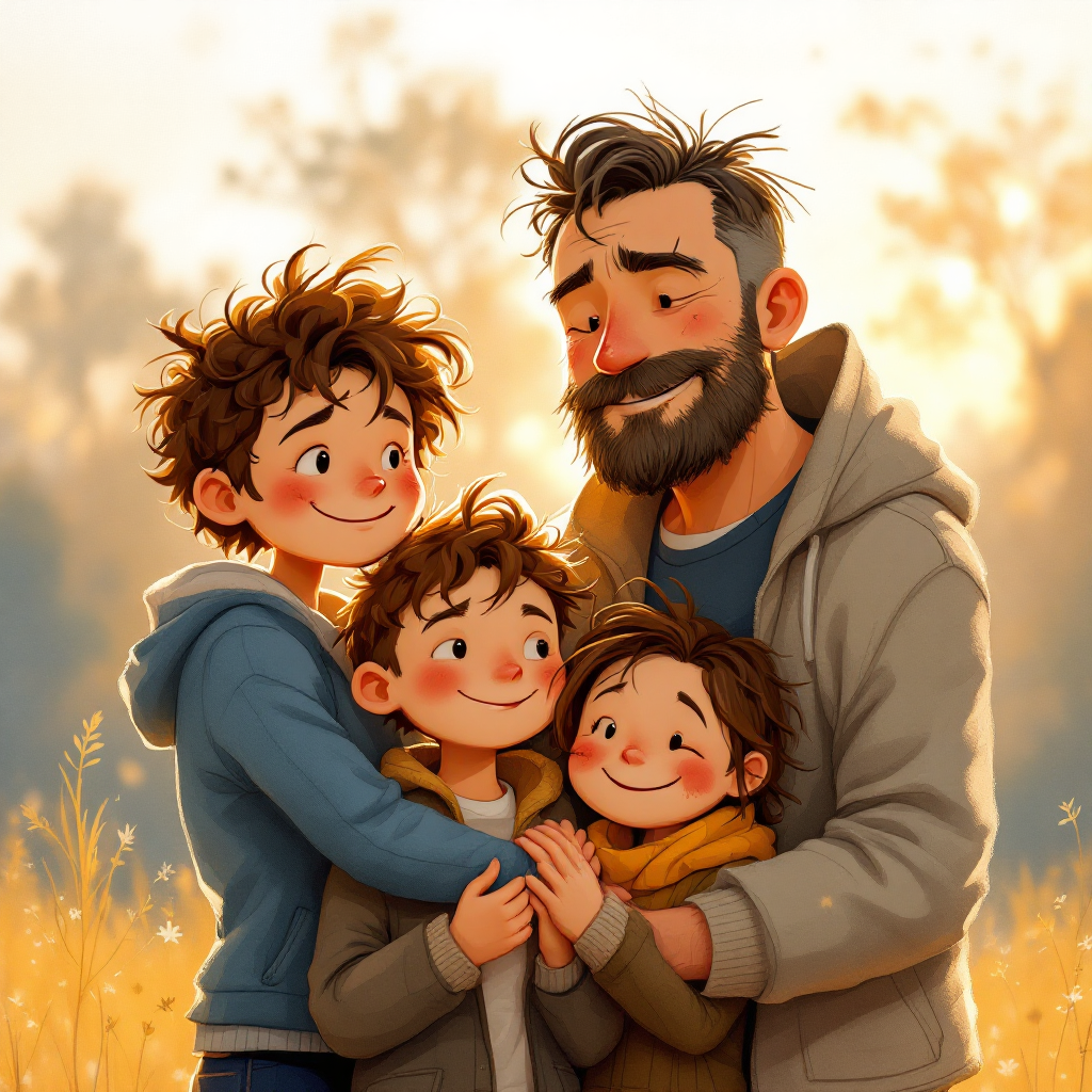 A father and his three children embrace warmly in a sunlit field, embodying love and connection, highlighting that there’s no such thing as a perfect family.