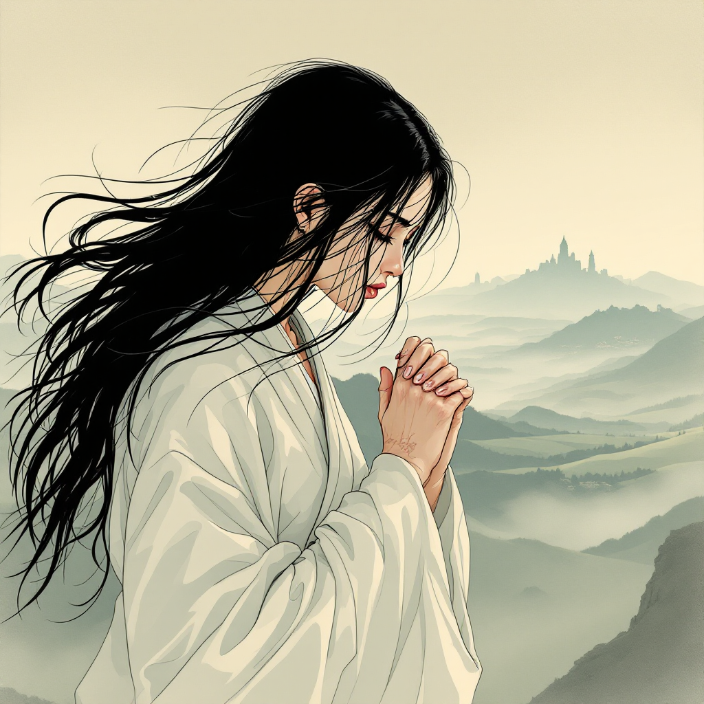 A contemplative figure in traditional attire stands with hands clasped, gazing over serene mountains, embodying the emotional weight of memories and the scars within.