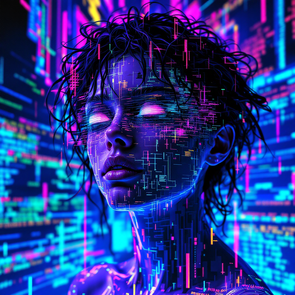 A digital portrait of a person with glowing features amidst a vibrant, abstract background of colorful code, embodying the sentiment of defiance from the quote, I am not a piece in their game.