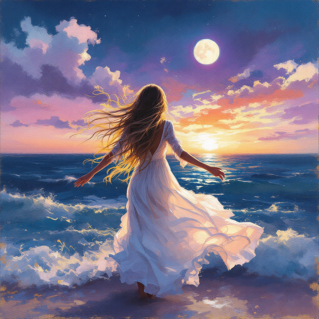 A woman in a flowing white dress stands at the ocean's edge, her hair blowing in the wind as she gazes at a vibrant sunset and rising moon, embodying resilience and hope.