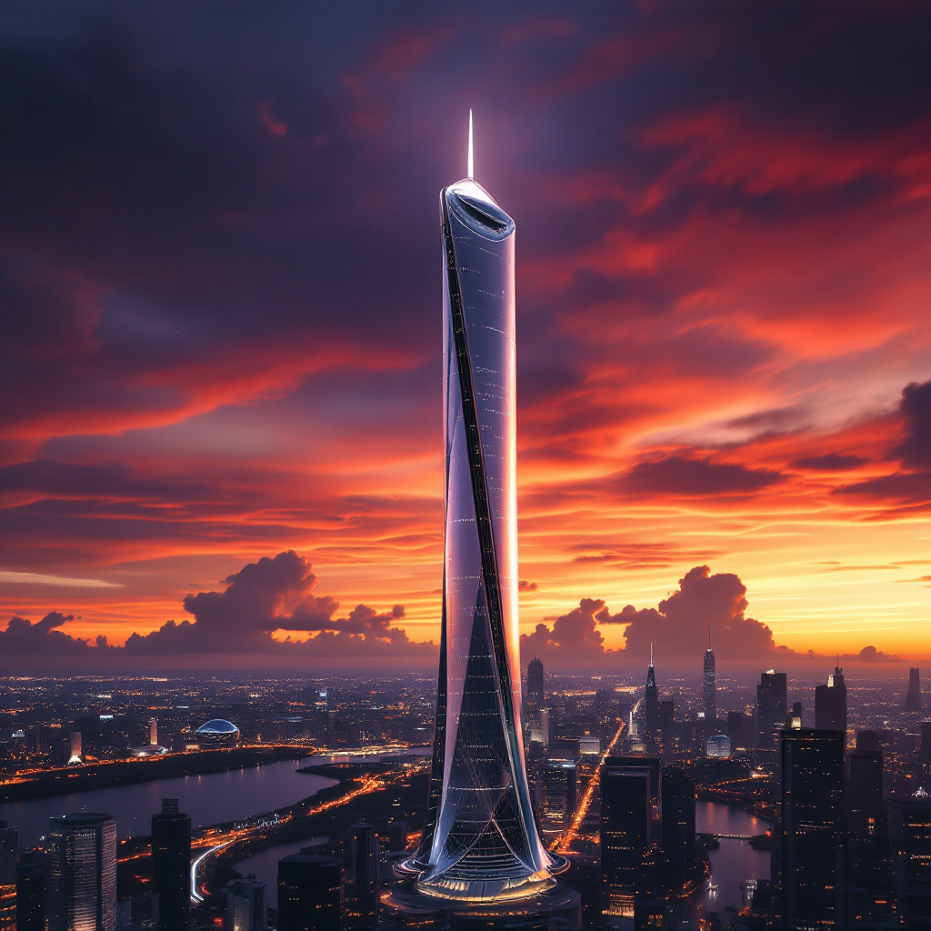 A stunning skyscraper pierces a vibrant sunset, embodying the quote, The only limit is the one you set for yourself, against a city skyline.