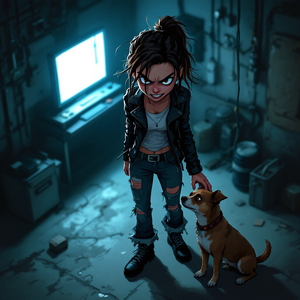 A girl with an intense expression stands in a dimly lit basement, wearing a leather jacket and ripped jeans, petting a dog beside her, embodying a sense of longing and determination.