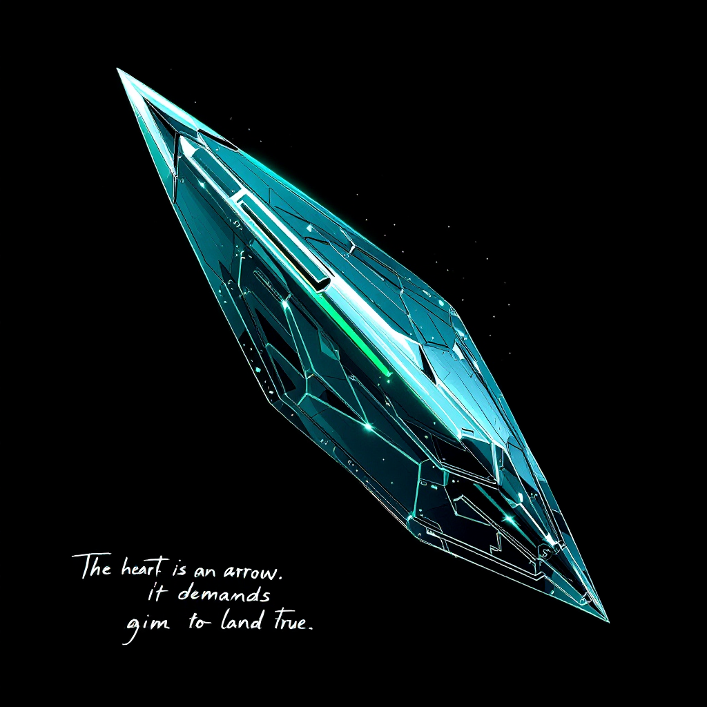 A sleek, crystal-like arrow glows in shades of blue, set against a black background. Below it, the quote, The heart is an arrow. It demands aim to land true, is elegantly scripted.