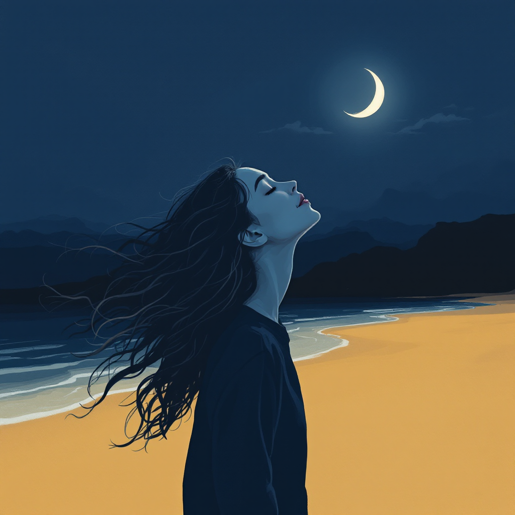 A serene woman stands on a beach at night, gazing up at a crescent moon, her hair flowing in the breeze, embodying hope and reflection as she contemplates future reunions.