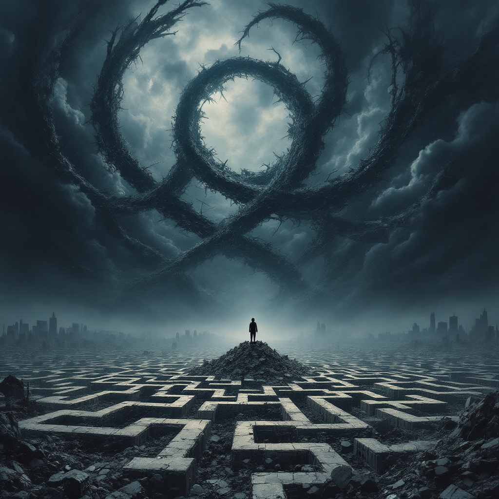 A solitary figure stands atop a mound in a desolate landscape, surrounded by a twisting, dark sky and a maze below, embodying the theme of perpetual conflict and existence.