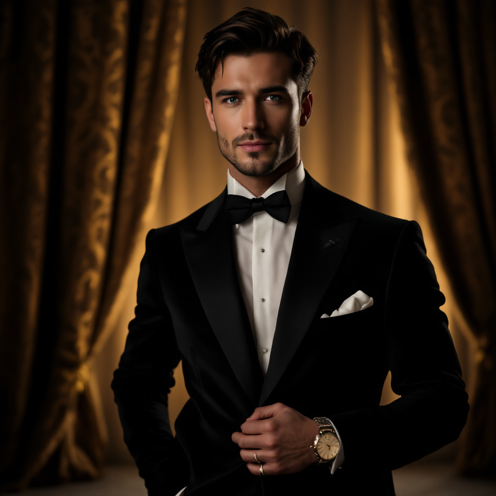 A confident man in a classic tuxedo stands against a rich, golden backdrop, embodying the qualities of the ultimate seducer, with a poised expression and stylish watch.