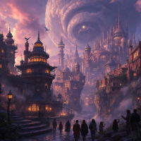 A whimsical cityscape at dusk, with intricately designed buildings and swirling clouds overhead. Shadows of people walk through the mist, evoking a sense of mystery and allure.