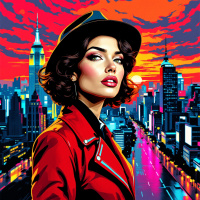 A confident woman in a striking red coat and hat gazes over a vibrant city skyline at sunset, embodying the quote: It's never too late to be what you might have been.