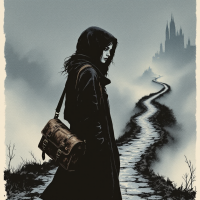 A hooded figure stands on a winding path leading into a misty landscape, with a distant castle silhouetted against a cloudy sky, embodying the uncertainty of life's journey.