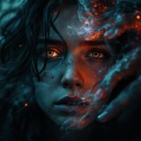 A close-up of a young woman with glowing eyes and a look of determination. Wisps of smoke and fiery elements surround her, embodying the tension between vulnerability and strength.