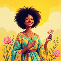 A joyful woman with an afro smiles warmly, holding a flower amidst vibrant colors and blossoms, embodying the idea that true happiness comes from within, not from money.