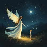 A celestial scene with a luminous angel and a child standing under a starry sky, symbolizing hope as a guiding compass through darkness.