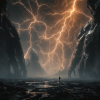 A dark, expansive landscape filled with towering, mysterious machines under an electrified sky, where lightning cracks, embodying a new and terrifying technological era.