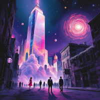 A surreal cityscape merges reality and dreams, featuring a glowing skyscraper amidst clouds and starlit skies, with silhouetted figures walking through a mysterious urban setting.