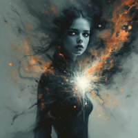 A figure stands amidst swirling dark and fiery colors, radiating a glowing heart. This artwork embodies the resilience needed to navigate the noise between success and failure.